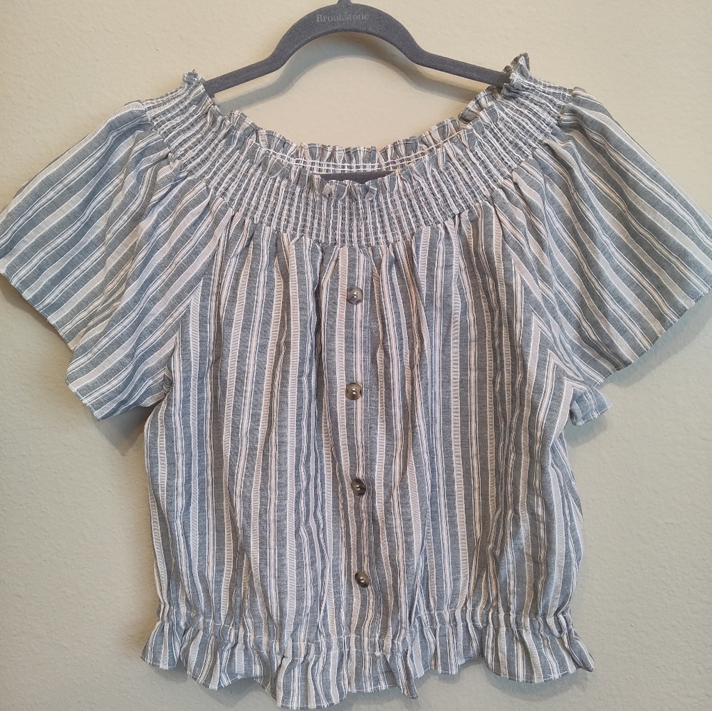 NWT Eesome Striped Blue White Off-Shoulder Top Size L